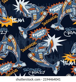 Abstract seamless shark robot pattern on dark digital background with graffiti text Super crazy, yeah, dangerous. "Powerful robot" lettering words drawing on comics speech cloud