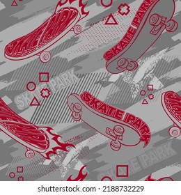 Abstract seamless skateboard pattern on grey background. Skate's repeat print on monochrome grey grunge brush endless wallpaper.