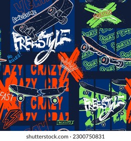 Abstract seamless skateboard pattern. Skateboarder print with text crazy, freestyle, awesome. Skateboarding poster with lettering, motivation phrases. Activity sport repeat print