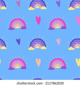 Resumen de un patrón de arco iris sin fisuras sobre fondo azul. Se imprimen las nubes de dibujos animados. Los corazones repiten el ornamento.