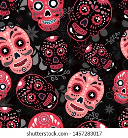 Abstract seamless skull pattern for girl, boy, clothes. Creative skull vector background with mexican symbol, day of the dead, dots, lines. Funny wallpaper for textile and fabric. Fashion skull style.