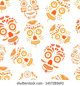 Abstract seamless skull pattern for girl, boy, clothes. Creative skull vector background with mexican symbol, day of the dead, dots, lines. Funny wallpaper for textile and fabric. Fashion skull style.