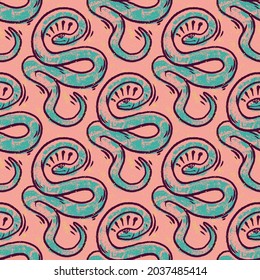 Abstract seamless snake pattern for girls, boys, clothes. Creative background with dots, geometric figures Funny wallpaper for textile and fabric. Fashion style. Colorful bright.