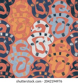 Abstract seamless snake pattern for girls, boys, clothes. Creative background with dots, geometric figures Funny wallpaper for textile and fabric. Fashion style. Colorful bright.