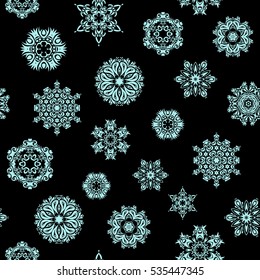 Abstract seamless snowflakes design. Textile print for bed linen, jacket, package design, fabric and fashion concepts. Vector seamless background. Snowflakes seamless pattern with watercolor effect.