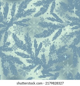 Abstract seamless snowflakes pattern with Christmas tree branch. Winter repeat ornaments. Endless new year background.