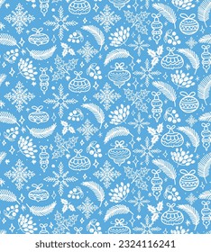 Abstract seamless snowflakes pattern with Christmas toy, berries branch, leaves. Repeated winter ornament. New year repeat wrapping paper