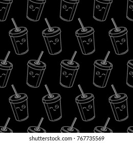 Abstract seamless soda cup pattern for girls or boys. Creative vector background with a soda cup, ice, cold, cute eyes. Funny drink cup pattern for textile and fabric. Fashion monochrome drink style.