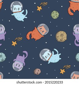 Abstract seamless space cat pattern. Fly kittens in cosmos repeated print for fashion textile, clothes, wrapping paper.