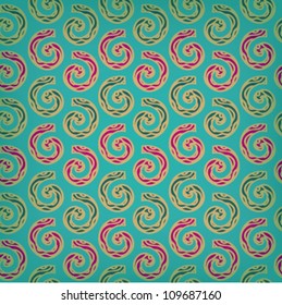Abstract seamless spiral pattern. Ethnic golden texture on turquoise background