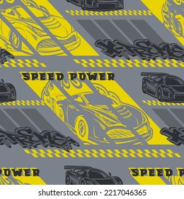 Abstract seamless sport car pattern. Endless auto print for sport textile, fashion clothes, wrapping paper. Yellow and grey automobiles repeated ornament. Race chequered board. Text Speed power