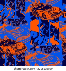 Resumen del patrón de coche deportivo sin fisuras con fondo geométrico azul y naranja brillante. Acelera la impresión automática. Automóvil con camión de bomberos, graffiti de texto. Automóviles lineales interminables