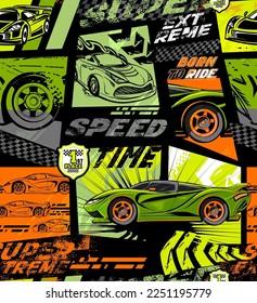 Abstract seamless sport car pattern with geometric background, comics print. Automobile repeat print. Auto endless ornament with wheel, arrow, text speed time, super, extreme.