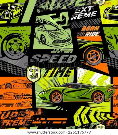 Abstract seamless sport car pattern with geometric background, comics print. Automobile repeat print. Auto endless ornament with wheel, arrow, text speed time, super, extreme.