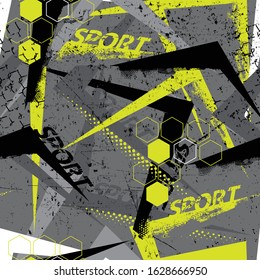 Abstract seamless sport geometric pattern. Grunge urban repeated backdrop for boys, textile, wrapping paper. Lines elements, triangles, arrows in bright blue, green, black colors.