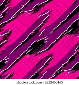 Abstract seamless sport grunge pattern with brush track. Colorful grungy textured repeated print for sport textile, fashion clothes, wrapping paper. Pink and black chaotic ornament