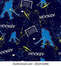 Abstract seamless sport pattern for boys. hockey players and grunge background