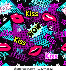 Abstract seamless sport pattern for girl and boy. Creative colorful sport pattern with pop art comics speech bubbles, words, kiss, lips. Grunge urban kiss, lips, sport pattern for textile, fashion