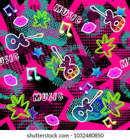Abstract seamless sport pattern for girls, boys. Creative vector sport pattern with dots, guitar, lips star. Funny wallpaper for textile and fabric. Fashion sport pattern style. Colorful bright.