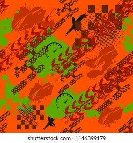 Abstract seamless sport pattern for girls, boys. Creative sport vector pattern with car, geometric figures ,stripes, speedometer, tires. Funny pattern for textile and fabric. Fashion sport style.