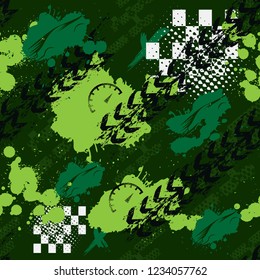 Abstract seamless sport pattern for girls, boys. Creative sport vector pattern with car, geometric figures ,stripes, speedometer, tires. Funny pattern for textile and fabric. Fashion sport style.