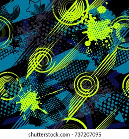 Abstract seamless sport pattern for girls, boys, clothes. Creative vector background with dots, geometric figures,stripes inscriptions.Funny wallpaper for textile and fabric. Fashion sport style.