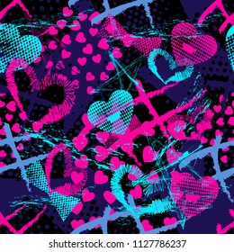 Abstract seamless sport pattern for girls,boys. Creative vector sport pattern with hearts, triangle, geometric figures. Funny pattern for textile and fabric.Fashion sport heart style.Colorful bright