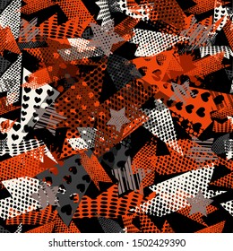 Abstract seamless sport pattern for girls,boys. Creative vector sport pattern with triangle, stars, geometric figures. Funny wallpaper for textile, fabric. Fashion sport pattern style. Colorful bright