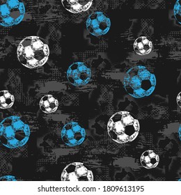 Abstract seamless sport pattern. Soccer balls and grunge texture on black background.