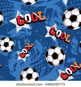 Abstract seamless sport pattern with soccer ball and text Cool, grunge stars and waves background. Grungy sports repeated ornament for textile, fashion clothes.