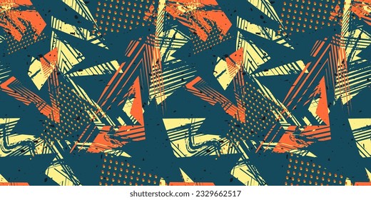 Abstract seamless sport pattern. Urban art vector grunge texture with chaotic shapes, lines, dots, strokes, triangles, patches. Colorful graffiti background. Dark green, orange, yellow colors design