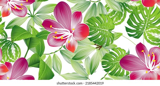 Abstract seamless spring floral pattern  with  leaves  and clivia flower.