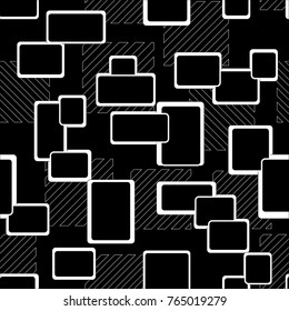 Abstract seamless squares geometric pattern. Grunge urban repeated squares backdrop for boys, textile, wrapping paper. Lines elements, squares, arrows in white, black colors. Fashion style.