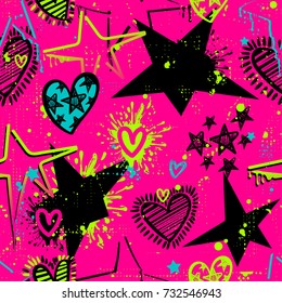 Abstract seamless stars and hearts pattern on pink background with bright colorful shape, spray paint ink in graffiti style for girls, children, fashion clothes, wallpaper. Colorful Repeated backdrop.