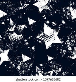 Abstract seamless stars pattern. Black and white grunge backdrop. Monochrome textured wallpaper. Night sky elements. Grungy repeated backdrop for boy, textile, sport clothes, wrapping paper