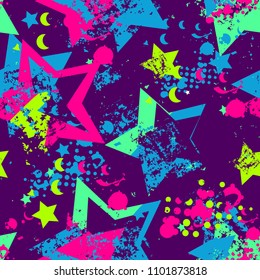 Abstract seamless stars pattern with dots confetti, cracked texture. Grunge urban repeat wallpaper. Colourful party wrapping paper. Chaotic abstract night background with colorful elements. 