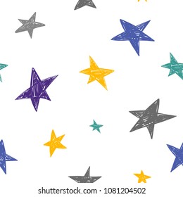 Abstract seamless stars pattern drawing in cartoon style. Colorful space repeated backdrop for child, textile, clothes, wrapping paper. 