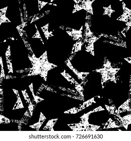 Abstract seamless stars pattern. Grunge urban repeated backdrop for textile, clothes, wrapping paper. Monochrome wallpaper with textured, shabby cracked elements. black and white background