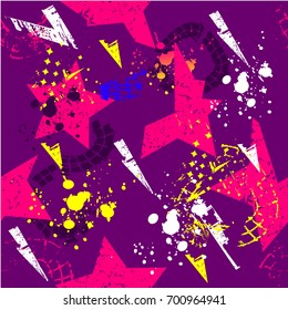 Abstract seamless stars pattern on purple background. Childish repeated backdrop for textile, clothes, wrapping paper, boys, girls. Colourful wallpaper with Shabby shape, spray paint ink, arrows