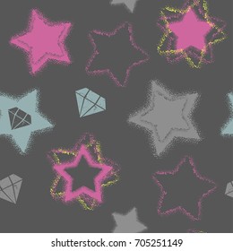 Abstract seamless stars pattern on grey background with diamond.  tender monochrome girlish repeated backdrop for textile, clothes, wrapping paper.  Childish wallpaper