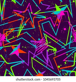 Abstract seamless stars pattern. spray paint ink elements. splash colorful neon paint. Across curved lines. Grunge repeated backdrop four girl, fashion textile, wrapping paper. Geometric wallpaper. 