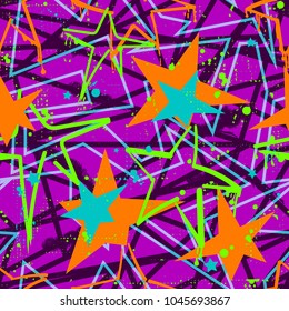 Abstract seamless stars pattern. spray paint ink elements. splash colorful neon paint. Across curved lines. Grunge repeated backdrop four girl, fashion textile, wrapping paper. Geometric wallpaper. 