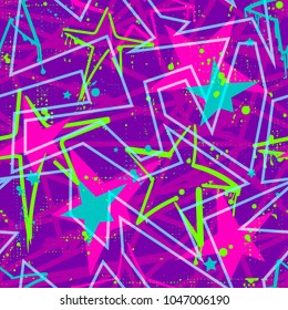 Abstract seamless stars pattern. spray paint ink elements. splash colorful neon paint. Across curved lines. Grunge repeated backdrop four girl, fashion textile, wrapping paper. Geometric wallpaper. 