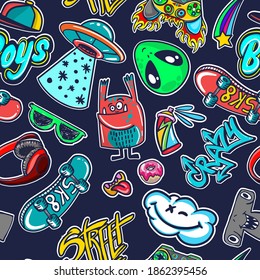 Abstract Seamless Stickers Pattern For Boys, Teenagers, Fashion Textile, Clothes, Wrapping Paper. Repeated Print With Monsters Doodle Characters, Graffiti Text,  Skate, Ufo,