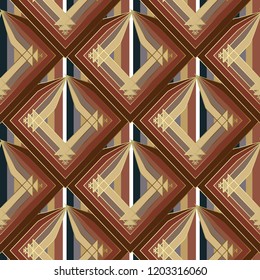 Abstract seamless striped seamless pattern.  Geometric repeated ornamental background. Colorful stripes, lines, geometrical shapes, rhombus. Tiled geometry modern ornament.  For wallpapers, textile