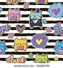 Abstract seamless stripes pattern for girls. Girlish fashion set line wallpaper with funny comic clouds, hearts, cats,text love. Repeated stickers backdrop drawing in cartoon style. Fashion background