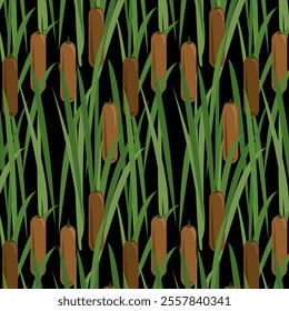 Abstract seamless strips of swamp  with cattails pattern vector isolated on a black background. Wetland Grass. Dark brown velvety wild water plant. lesser bulrush, narrowleaf cattail, reedmace art.