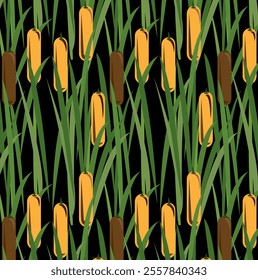 Abstract seamless strips of swamp  with cattails pattern vector isolated on a black background. Wetland Grass. Dark brown velvety wild water plant. lesser bulrush, narrowleaf cattail, reedmace art.