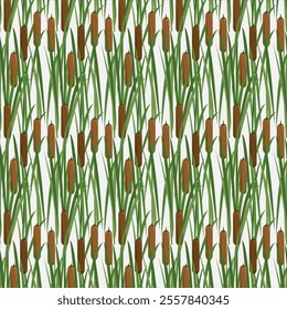 Abstract seamless strips of swamp  with cattails pattern vector isolated on a white background. Wetland Grass. Dark brown velvety wild water plant. lesser bulrush, narrowleaf cattail, reedmace art.