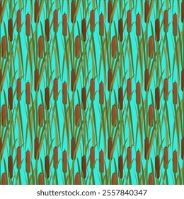 Abstract seamless strips of swamp  with cattails pattern vector isolated on a sea green background. Wetland Grass. Dark brown velvety wild water plant. lesser bulrush, narrowleaf cattail, reedmace art